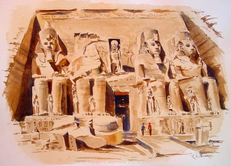 Watercolor Painting of Abu Simbel in Nubia, Egype