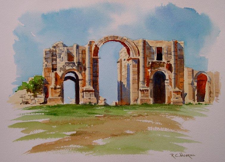 Watercolor Painting of Hadrain's Arch, Jerash, Jordan