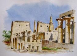 Watercolor Painting of Temple of Luxor's Great Columns, Egypt