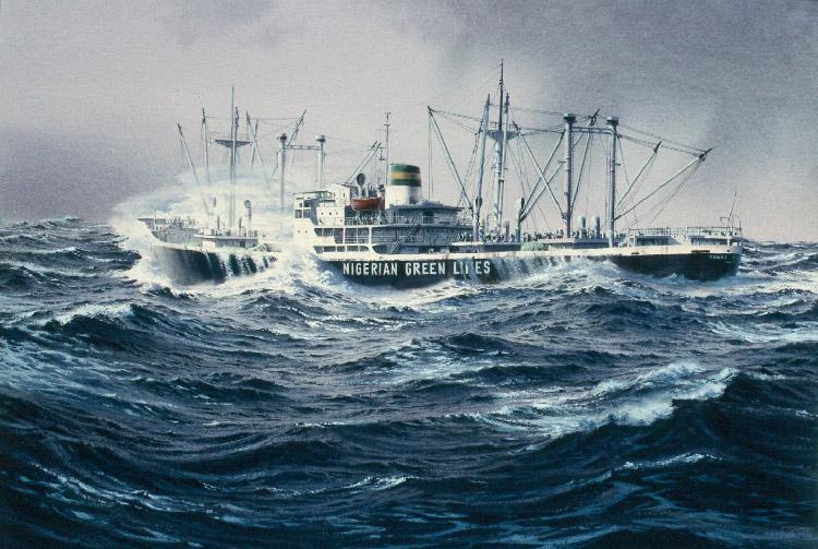 Nigerian Green Lines Freighter - Watercolor Painting by Richard Moore