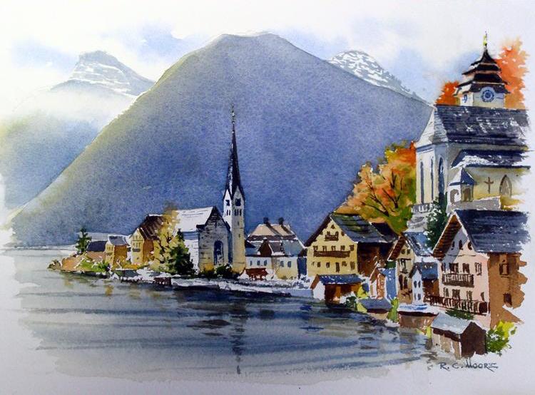 Watercolor Painting, Hallstatt, Austria
