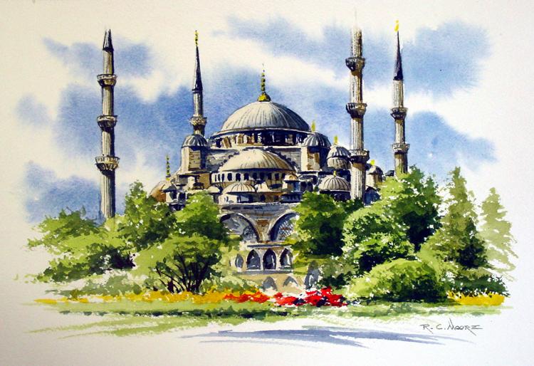 Watecolor Painting Blue Mosque, Istanbul, Turkey