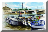 Watercolor Sketch of Barges on the Seine River, Paris France