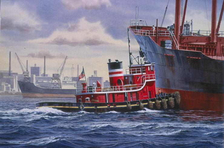 Tug Cicra on the Delaware River, Philadelphia Pennsylvania - Watercolor Richard Moore